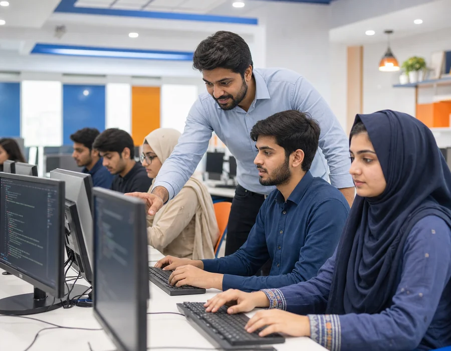 Pakistani students learning coding in a bright computer lab