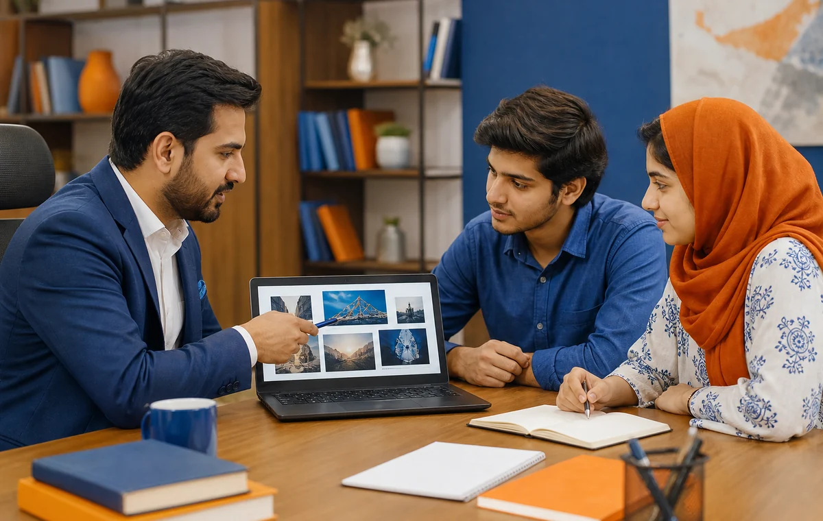 Students receiving portfolio review, freelancing and career guidance