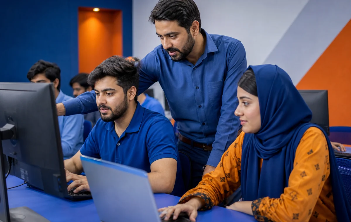 Instructor guiding students during a practical computer lab session