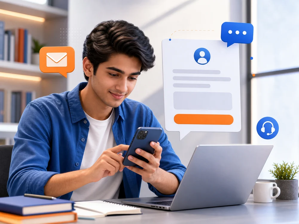 Student contacting Shahab Digital College using a mobile phone and laptop
