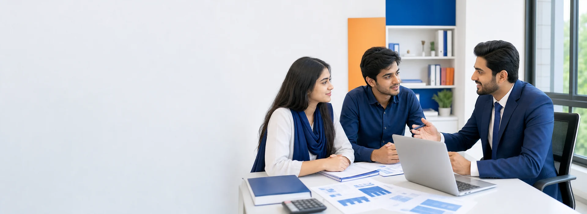 Students discussing courses and fees with a professional college counselor