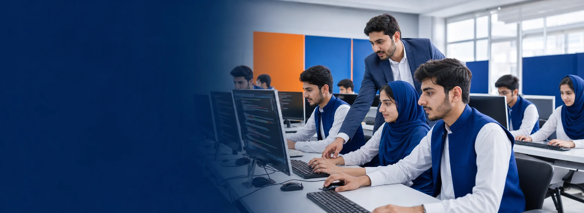 Pakistani students learning coding and artificial intelligence in a modern computer lab