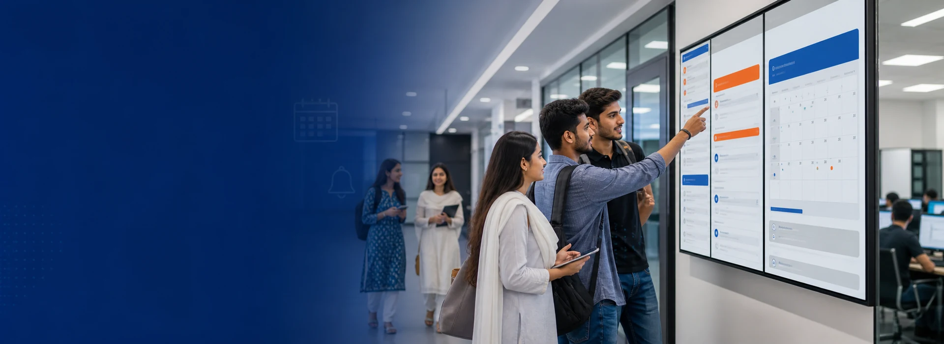 Pakistani students checking college schedules and notices on a digital display